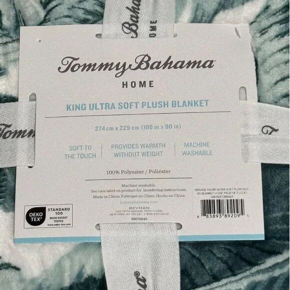 Tommy Bahama Green Vintage Palms KING Blanket Swaying Fronds Plush Micro Fleece